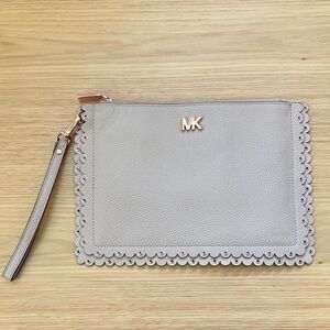 Michael Kors Light Tan Scalloped Leather Wristlet with Rose Gold Hardware